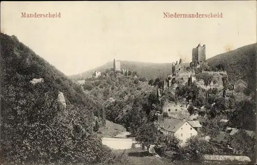 Ak Niedermanderscheid Manderscheid in der Eifel Rheinland Pfalz, Gesamtansicht, Burgruine