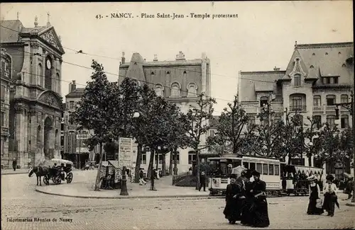 Ak Nancy Meurthe et Moselle, Place Saint Jean, Temple protestant, tramway