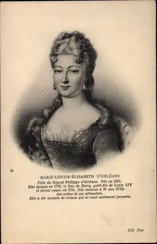 Künstler Ak Marie Louise Élisabeth d’Orléans, Prinzessin von Frankreich, Herzogin von Berry.