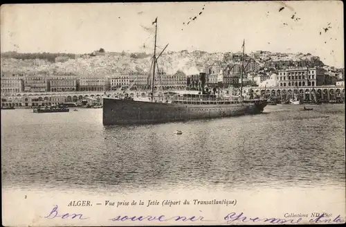 Ak Algier Alger Algerien, Vue prise de la Jetée, départ du Transatlantique