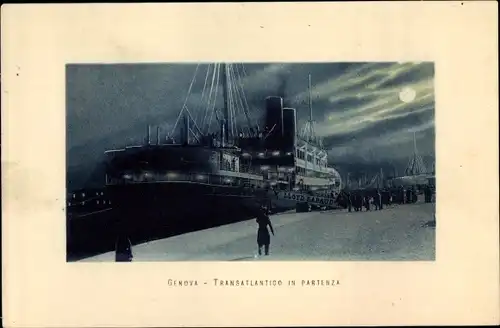 Mondschein Ak Genova Genua Ligurian, Transatlantique in Partenza, Nachtbild
