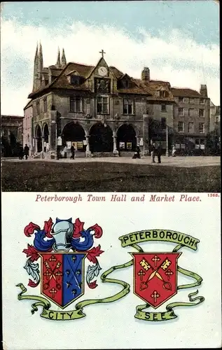 Wappen Ak Peterborough Cambridgeshire England, Town Hall, Market Place