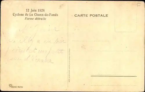 Ak La Chaux de Fonds Kanton Neuenburg, Cyclone 12. Juni 1926, Férme détruite