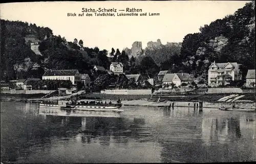 Ak Rathen an der Elbe Sächsische Schweiz, Talwächter, Lokomotive, Lamm, Elbdampfer