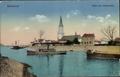 Ak Emmerich am Niederrhein, Blick vom Hafenmund, Dampfer, Kirche