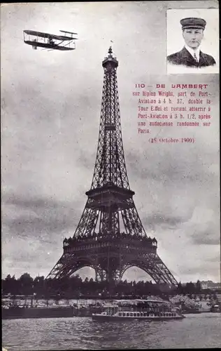 Ak Paris VII, La Tour Eiffel, Eiffelturm, Aviateur De Lambert sur biplan Wright, Port Aviation, 1909