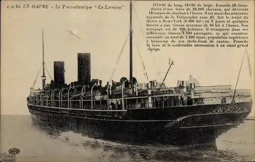 Ak Le Havre, Le Transatlantique La Lorraine, Dampfschiff der CGT