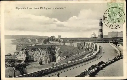 Ak Plymouth Devon England, Hoe from Biological Observatory, Lighthouse