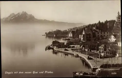 Ak Weggis Kanton Luzern, Teilansicht mit neuem Quai und Pilatus