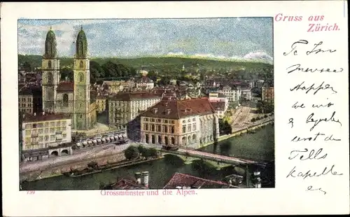 Ak Zürich Stadt Schweiz, Grossmünster und die Alpen