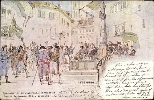 Künstler Litho Lausanne Kanton Waadt, Proclamation de l'Indépendance Vaudoise, le 24. Janvier 1798