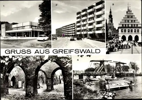 Ak Hansestadt Greifswald, HO-Gaststätte Boddenhus, Rathaus, Klosterruine, Wiecker Brücke