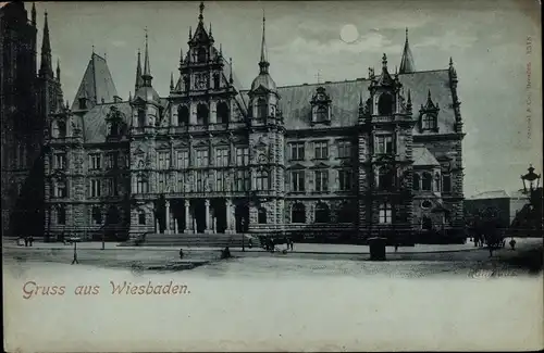 Mondschein Ak Wiesbaden in Hessen, Rathaus