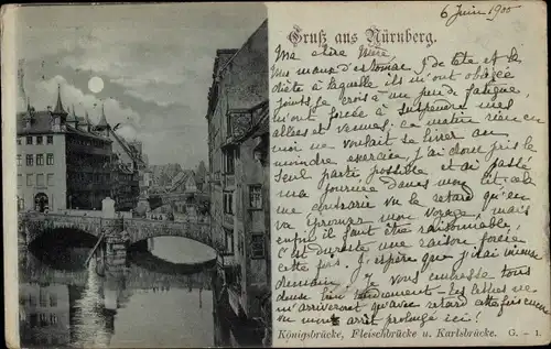 Mondschein Ak Nürnberg in Mittelfranken, Königsbrücke, Fleischbrücke, Karlsbrücke