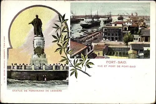 Ak Port Said Ägypten, Statue de Ferdinand de Lesseps, Panorama