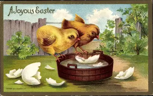 Ak Glückwunsch Ostern, Küken, Eierschalen, Wasserbottich
