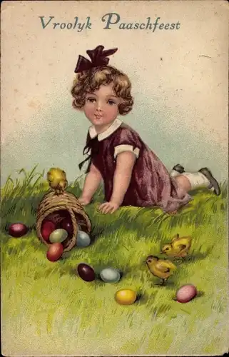 Ak Glückwunsch Ostern, Mädchen mit Korb voller Ostereier, Osterküken