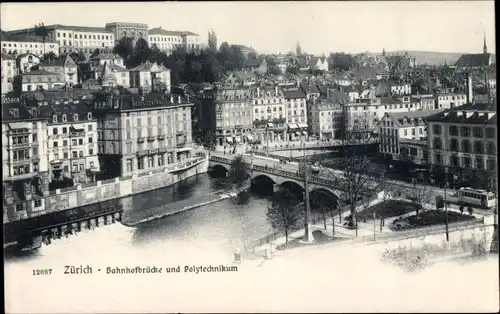 Ak Zürich Stadt Schweiz, Bahnhofbrücke und Polytechnikum