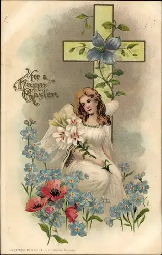 Präge Ak Glückwunsch Ostern, Engel, Kreuz, Blumen