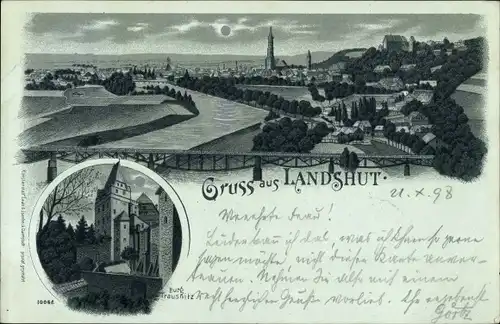 Mondschein Litho Landshut in Niederbayern, Blick auf den Ort, Burg Trausnitz