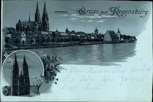 Mondschein Litho Regensburg an der Donau Oberpfalz, Blick auf den Ort, Dom