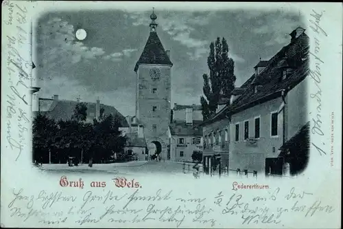 Mondschein Ak Wels in Oberösterreich, Ledererturm