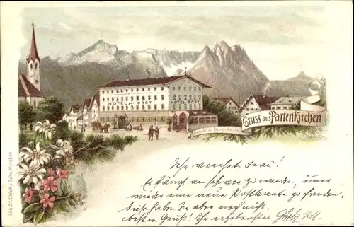 Litho Garmisch Partenkirchen in Oberbayern, Hotel Post, Kirche, Gebirge