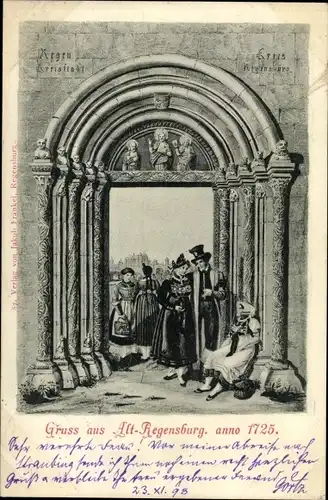 Künstler Ak Regensburg an der Donau Oberpfalz, Kirchenportal im Jahre 1725