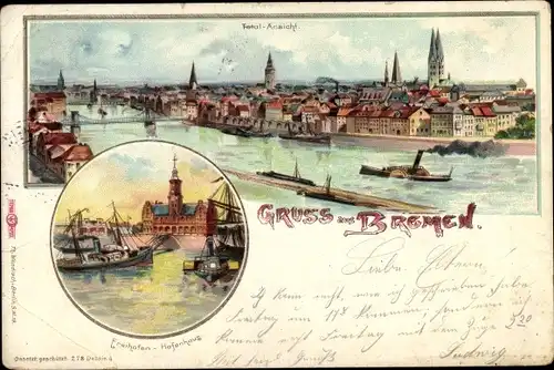 Litho Hansestadt Bremen, Totalansicht, Freihafen, Hafenhaus