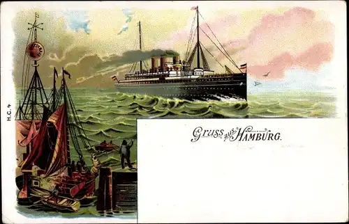 Litho Hamburg, Dampfschiff in voller Fahrt