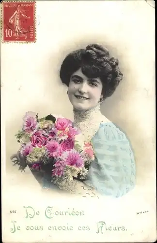 Ak Courleon Maine et Loire, Junge Frau mit Blumenstrauß, Portrait