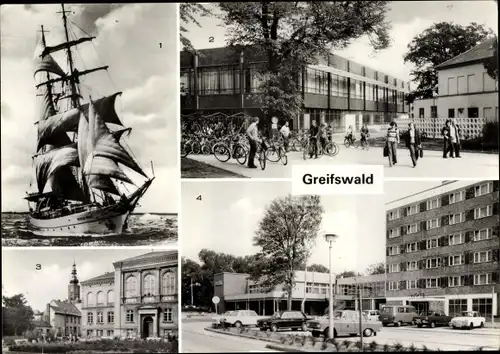 Ak Hansestadt Greifswald, Segelschulschiff Wilhelm Pieck, Neue Mensa, Hotel Boddenhus