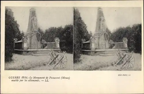 Stereo Ak Le Monument de Passavant Meuse mutilé par les allemands, I. WK