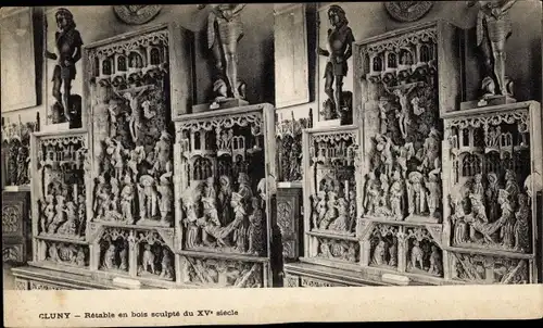 Stereo Ak Cluny Saône-et-Loire, Retable en bois sculpte du XVe siecle
