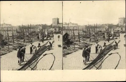 Stereo Ak Marseille Bouches du Rhône, Vue sur le Port, Fischer flicken Fangnetze