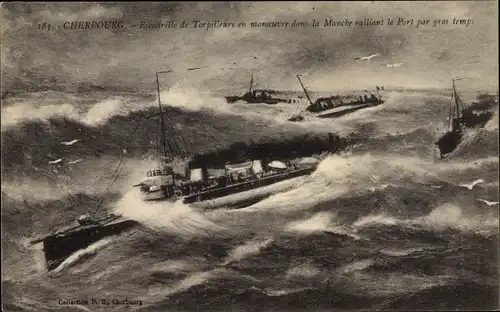 Künstler Ak Cherbourg Manche, Escadrille de Torpilleurs, Französische Kriegsschiffe