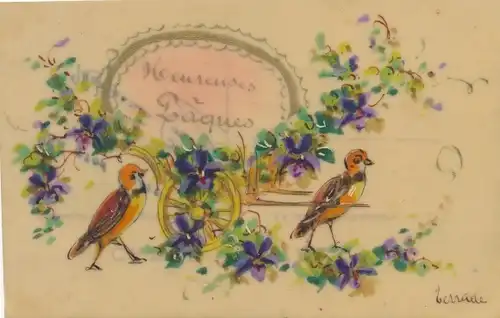 Zelluloid Künstler Ak Glückwunsch Ostern, Vögel und Schubkarre mit Blumen