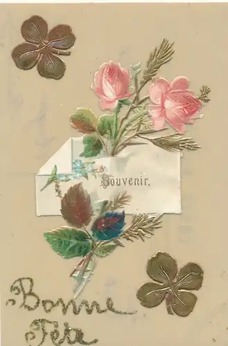 Zelluloid Ak Glückwunsch, Bonne Fete, Rosen, Glücksklee