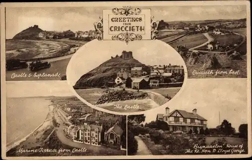 Ak Criccieth Wales, Castle and Esplanade, Marine Terrace