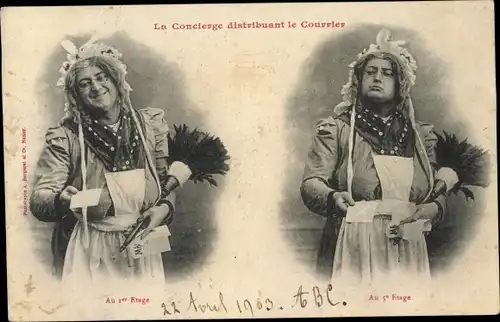 Ak La Concierge distribuant le Courrier, Au 1er Etage, Au 5e Etage