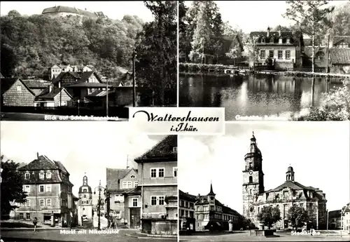 Ak Waltershausen in Thüringen, Gaststätte, Stadtkirche, Markt, Nikolaustor, Schloss Tenneberg