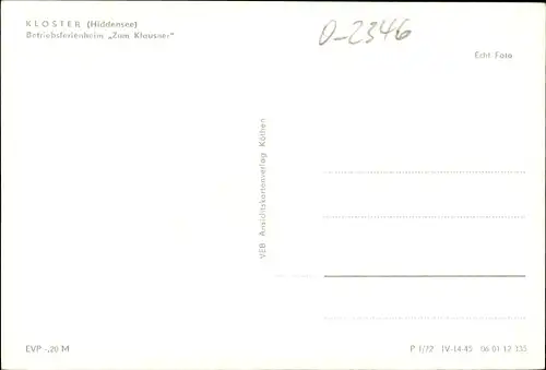 Ak Kloster Insel Hiddensee in der Ostsee, Betriebsferienheim zum Klausner
