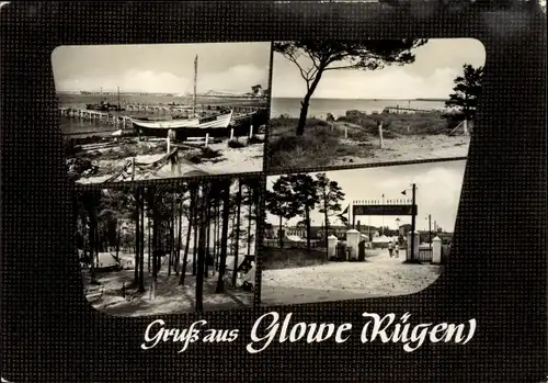 Passepartout Ak Glowe auf Rügen, Strandpartien, Waldpartie, Anlegestelle