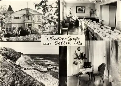 Ak Ostseebad Sellin auf Rügen, Haus Seeadler, Innen und Außen, Strandpartie