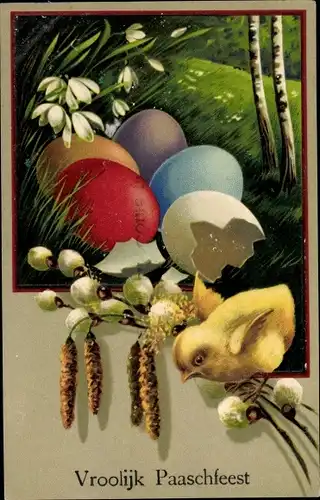 Präge Ak Glückwunsch Ostern, Küken, Ostereier, Weidenkätzchen, Schneeglöckchen