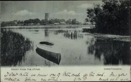 Mondschein Ak Christchurch Dorset England, Priory from the Stour