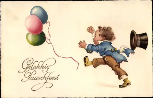 Ak Glückwunsch Ostern, Kind fliegen Luftballons davon