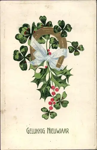 Präge Ak Glückwunsch Neujahr, Glücksklee, Hufeisen, Stechpalme, Schleife