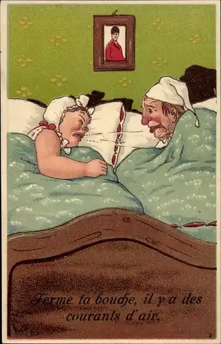 Ak Ehepaar im Bett, Ferme ta bouche, il y a des courants d'air, Nach vielen Jahren zusammen