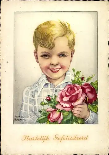 Künstler Ak Petersen, H., Glückwunsch, Junge mit Blumenstrauß